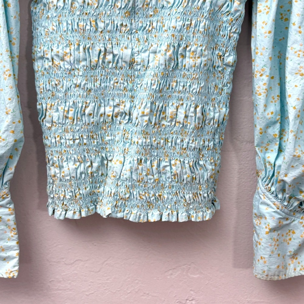 Ganni Smocked Floral Top Shirt Size 38 (US 6) Light Blue Long Sleeve Cotton Flaw - Picture 9 of 14